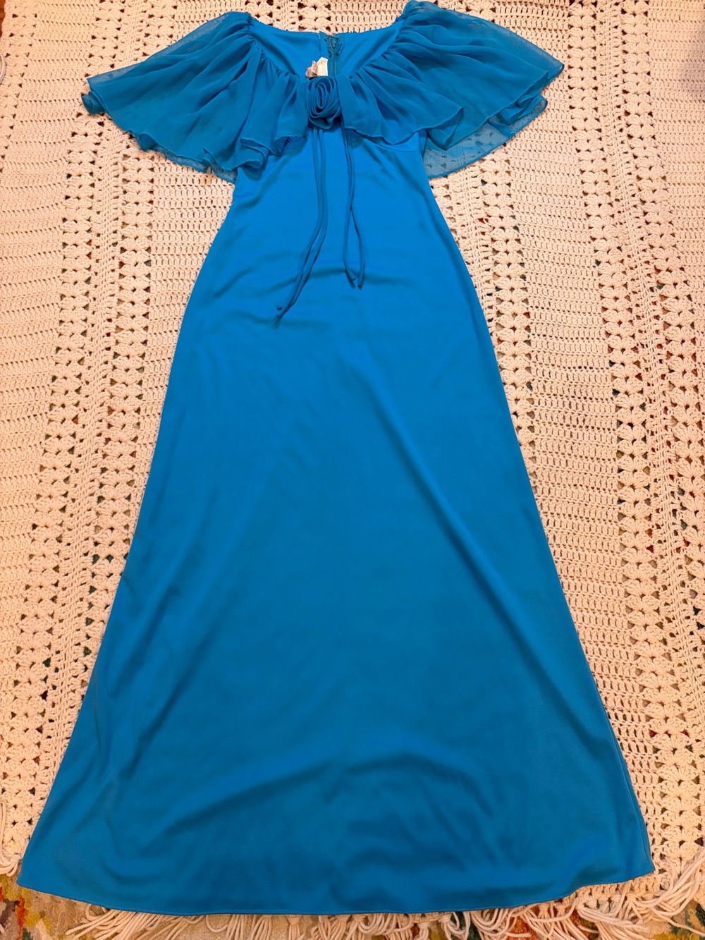 Vintage Lorrie Deb Turquoise Blue Long Party Dress - Rosette/Bow/Ruffled Capelet
